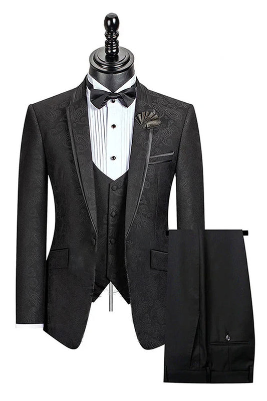 Jacquard 3-piece Notch Lapel Black Suit