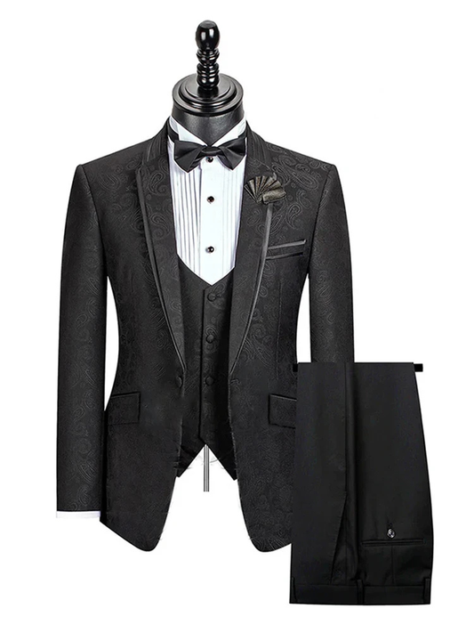 Classic Three Piece Notch Lapel Black Single Breasted Slim Fit Jacquard Floral Wedding Tuxedo