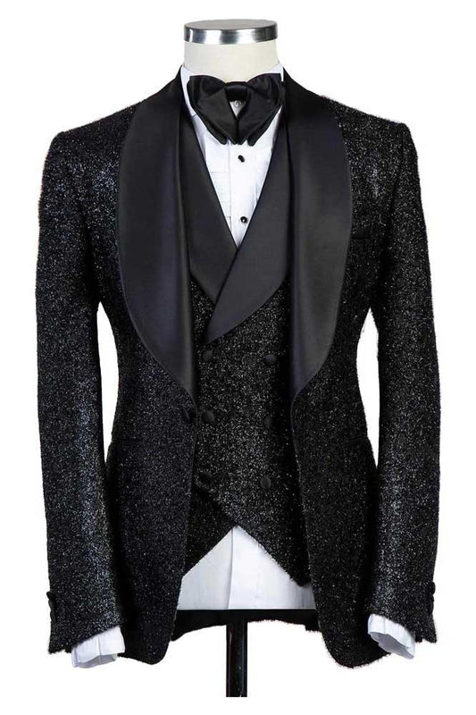Black Three Pieces Shawl Lapel Bespoke Suit