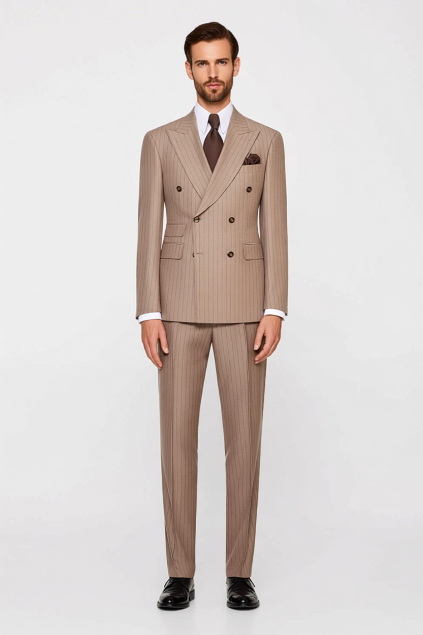 2 Piece Double Breasted Peaked Lapel Khaki Outfits