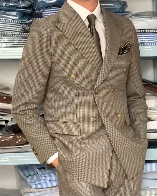 Double Breasted 2 Piece Taupe Brown Peaked Lapel Suit