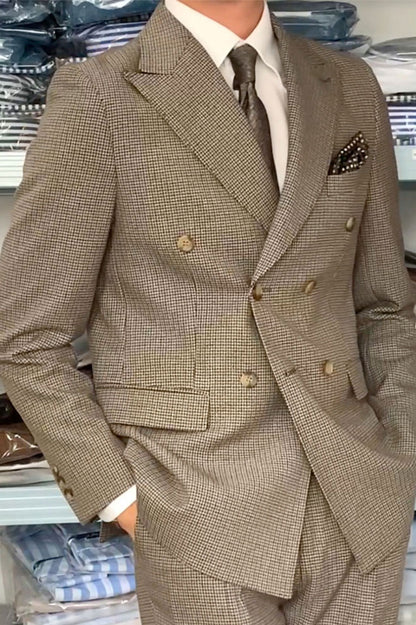 Taupe Houndstooth Double Breasted Suit