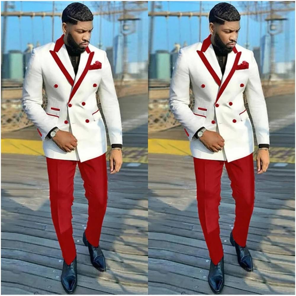 Double-breasted White 2-piece Blazer Suit Red Pants