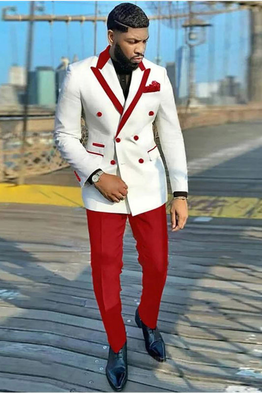 Double-breasted White 2-piece Blazer Suit Red Pants