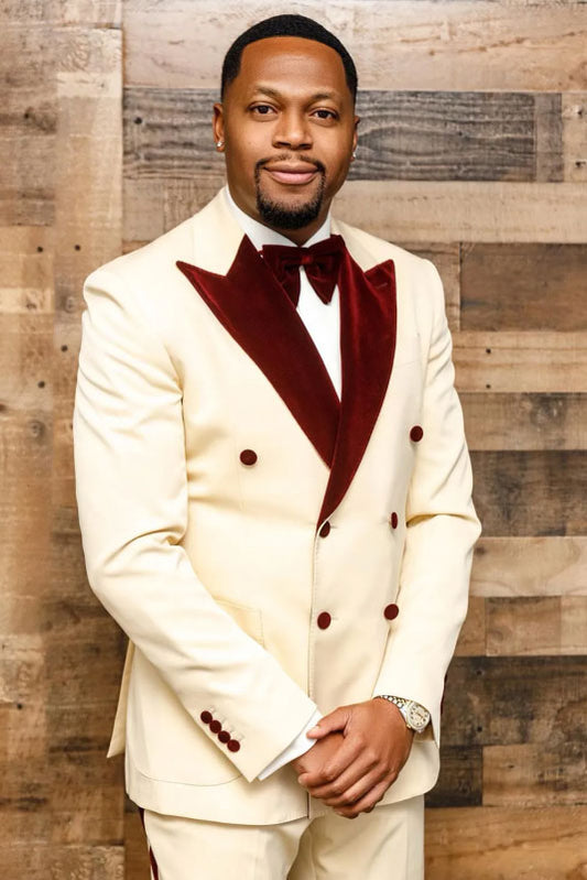 Beige Double-breasted Prom Suit with velvet Lapel