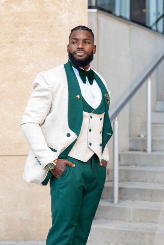 White/Green Shawl Lapel 3-piece Tuxedo Prom Outfits