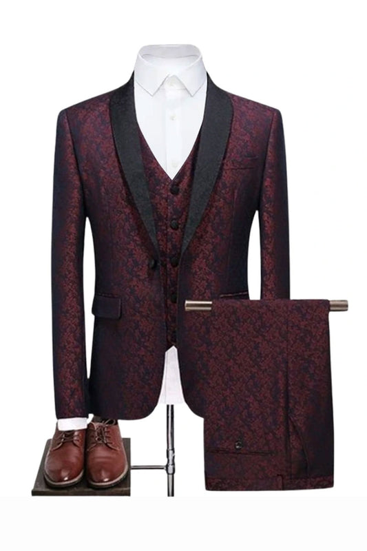 3 Piece Shawl Lapel Burgundy Jacquard Suit