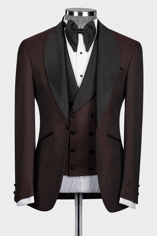 Burgundy 3-piece Shawl Lapel Single Breasted Tuxedo