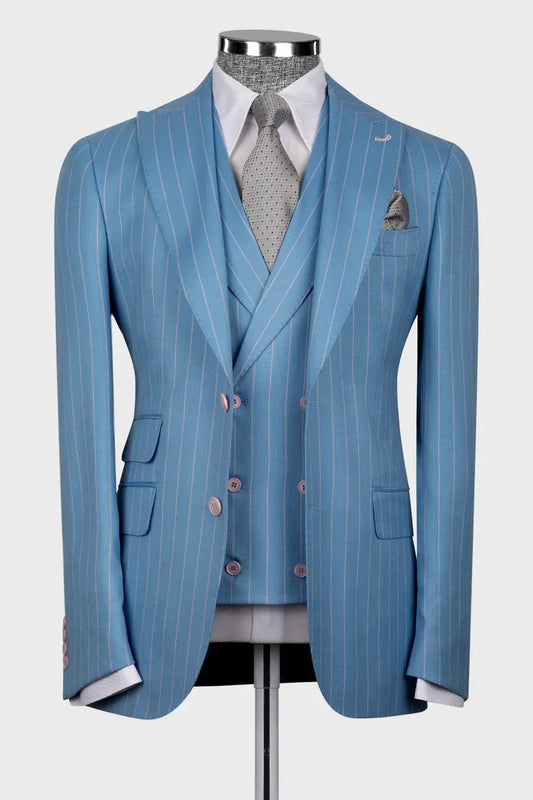 3 Piece Peak Lapel Single Breasted Light Blue Striped Suit