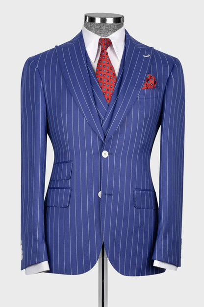 Blue 3-piece Single-breasted Peak Lapel Stripe Suit