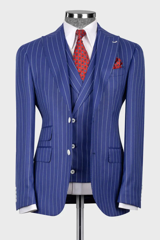 Blue 3-piece Single-breasted Peak Lapel Stripe Suit