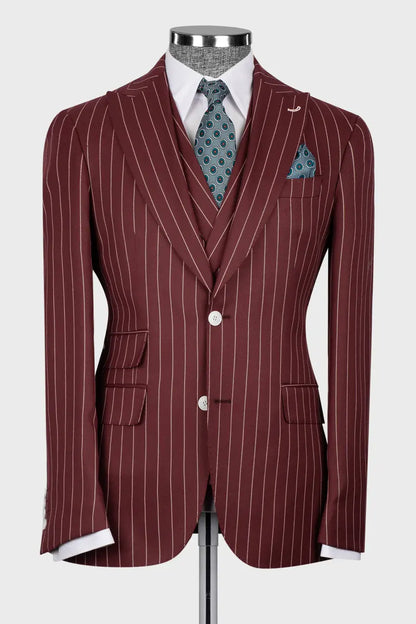Burgundy 3-piece Single-breasted Peak Lapel Suit