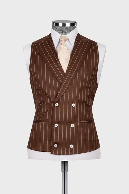 Brown 3-piece Single-breasted Peak Lapel Stripe Suit