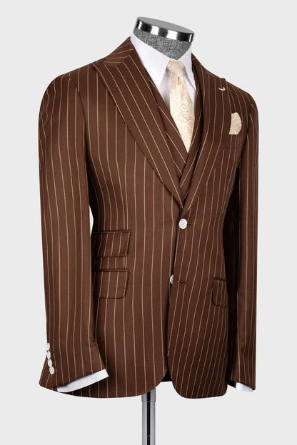Brown 3-piece Single-breasted Peak Lapel Stripe Suit
