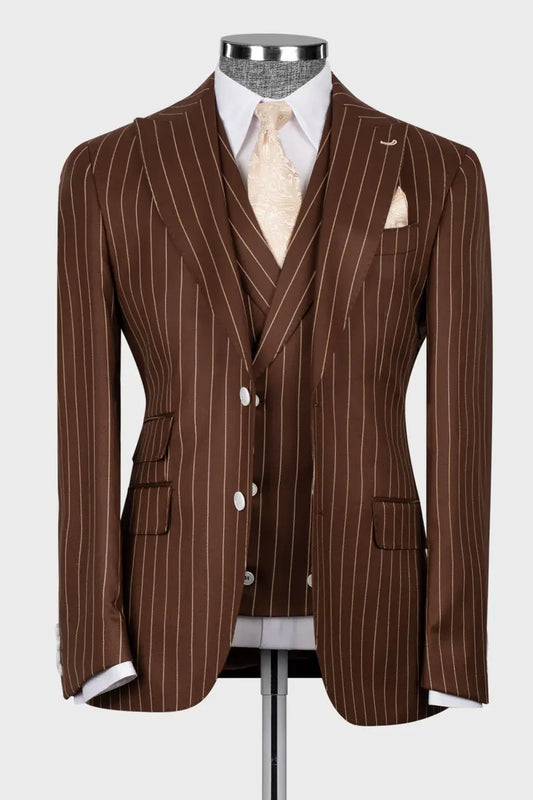 Brown 3-piece Single-breasted Peak Lapel Stripe Suit