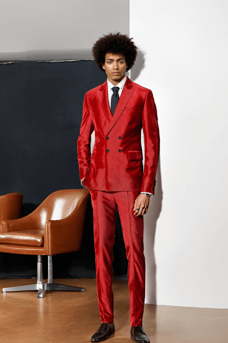 Double Breasted Peak Lapel Suit Red