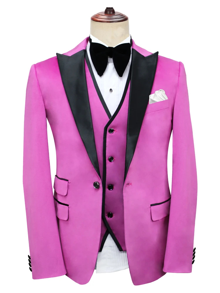 Luxury Stylish Pink Three Piece Peak Lapel Single Breasted Wedding Prom And Party Tuxedos