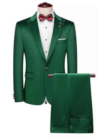 Slim Fit Two Piece Peak Lapel Green Velour Wedding and Prom Tuxedos