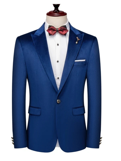 Luxury Slim Fit Two Piece Peak Lapel Blue Velour Wedding and Prom Men Suits