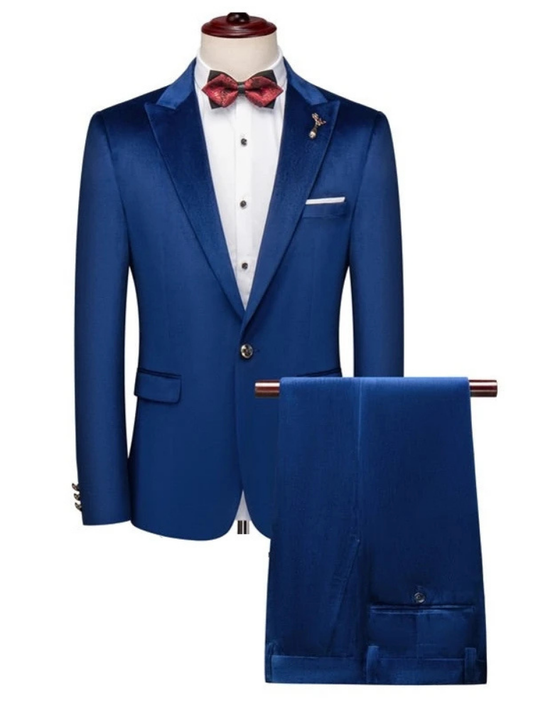 Luxury Slim Fit Two Piece Peak Lapel Blue Velour Wedding and Prom Men Suits