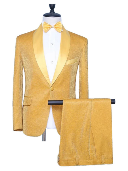 New Arrival Fashion Champagne Satin Shawl Lapel Two Piece Prom Men Suits