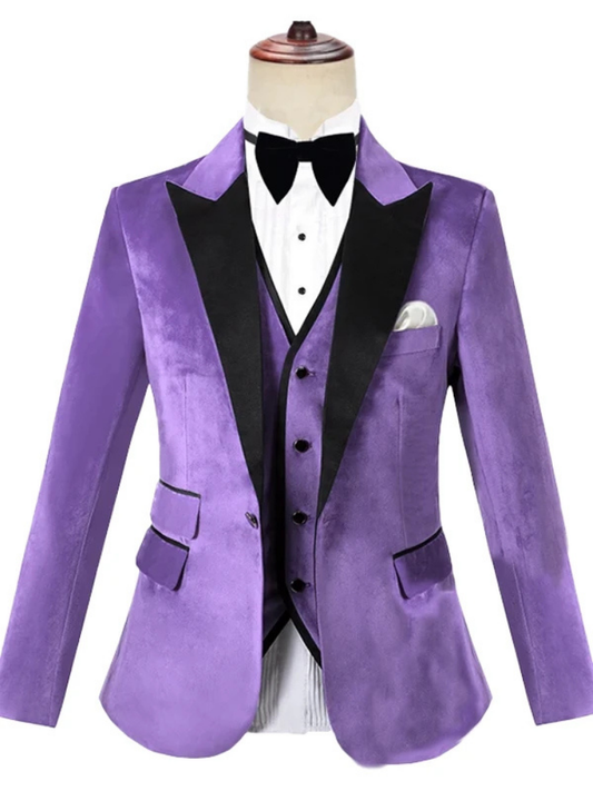 Modern Handsome Purple Three Piece Peak Lapel Velvet Slim Fit Tuxedo Prom Costume