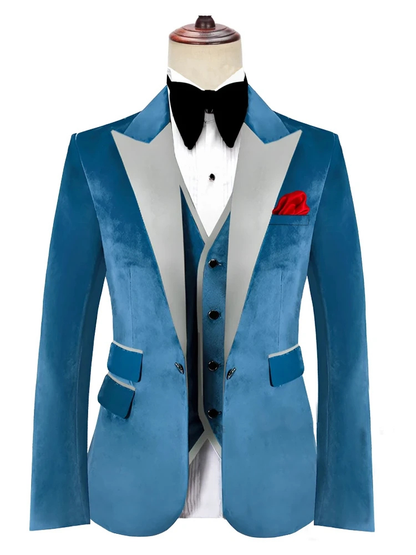 New Arrival Classic Three Piece Peak Lapel Blue Velvet Wedding and Prom Tuxedo