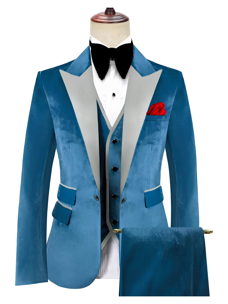 New Arrival Classic Three Piece Peak Lapel Blue Velvet Wedding and Prom Tuxedo