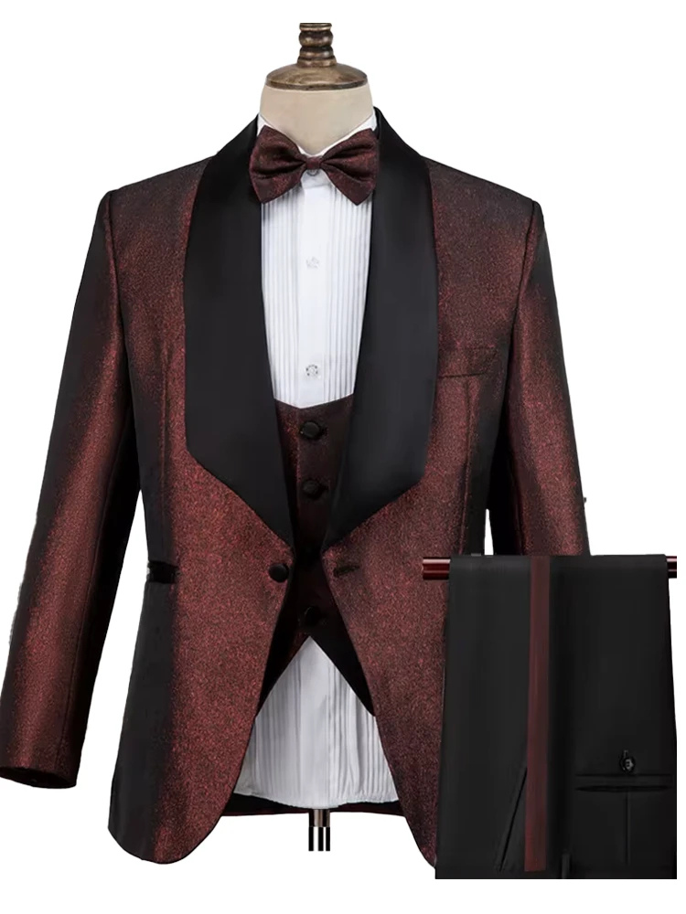 Handsome Elegant Tailor Made Three Piece Shinny Burgundy Shawl Lapel Wedding Tuxedos