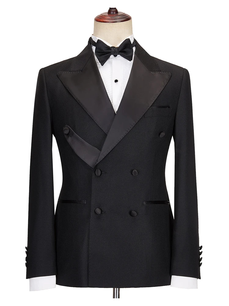 Fashion Black Two Piece Satin Peak Lapel Special Design Wedding Prom Costume Men Suits