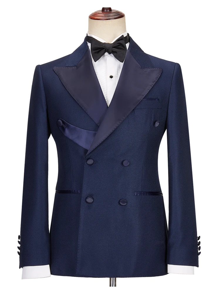 Decent Dark Navy Two Piece Satin Peak Lapel Double Breasted Slim Fit Prom Suits