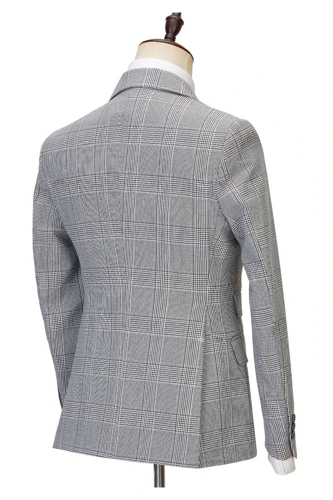 New Arrival Gray Double Breasted Peak Lapel Plaid Suit