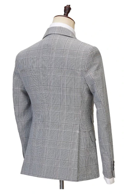 New Arrival Gray Double Breasted Peak Lapel Plaid Suit