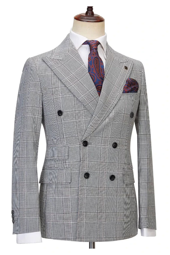 New Arrival Gray Double Breasted Peak Lapel Plaid Suit
