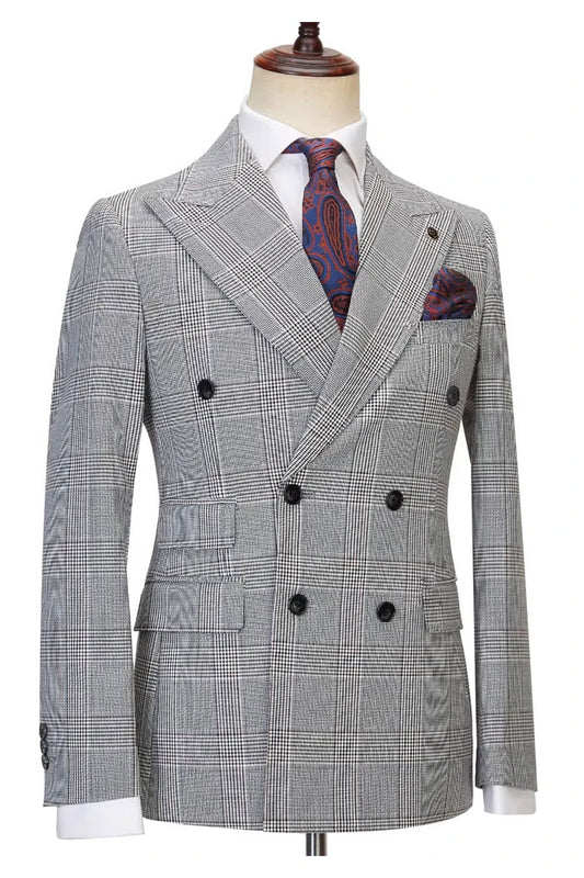 New Arrival Gray Double Breasted Peak Lapel Plaid Suit