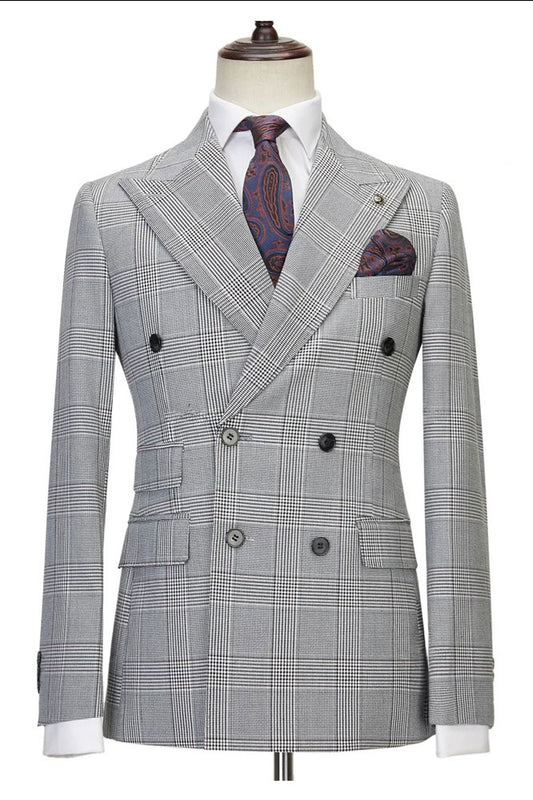 New Arrival Gray Double Breasted Peak Lapel Plaid Suit
