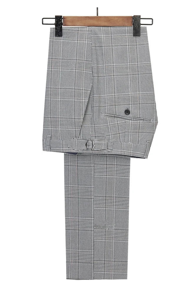 New Arrival Gray Double Breasted Peak Lapel Plaid Suit