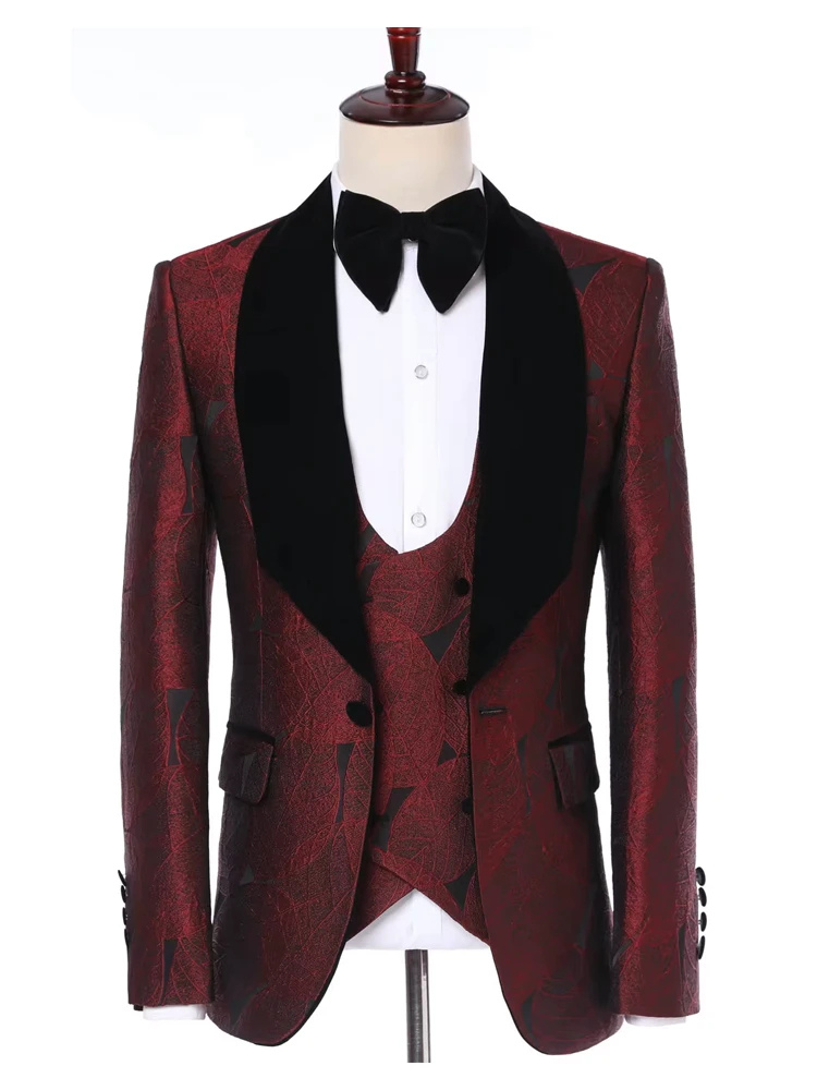 Elegant Burgundy Three Piece Black Velvet Shawl Lapel Wedding Men Suits with Leaves Pattern