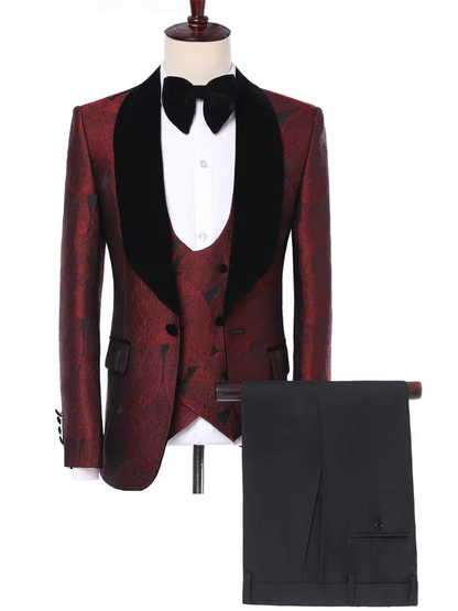 Elegant Burgundy Three Piece Black Velvet Shawl Lapel Wedding Men Suits with Leaves Pattern