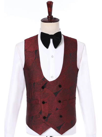 Elegant Burgundy Three Piece Black Velvet Shawl Lapel Wedding Men Suits with Leaves Pattern