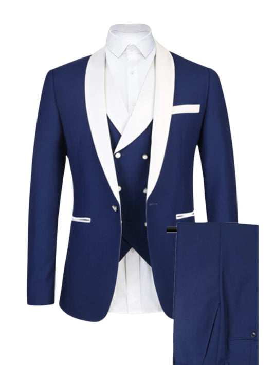 3 Piece Shawl Lapel Single Breasted Navy Blue Suit