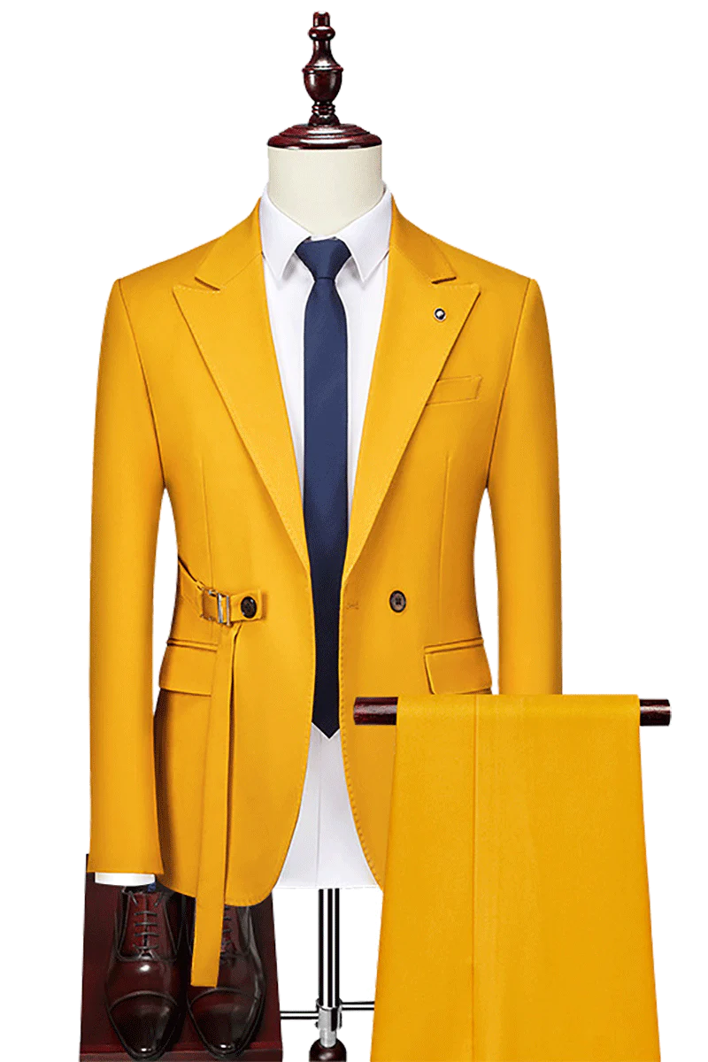 Sharp-looking Yellow Double Breasted Peaked Lapel Men's Suits for Prom