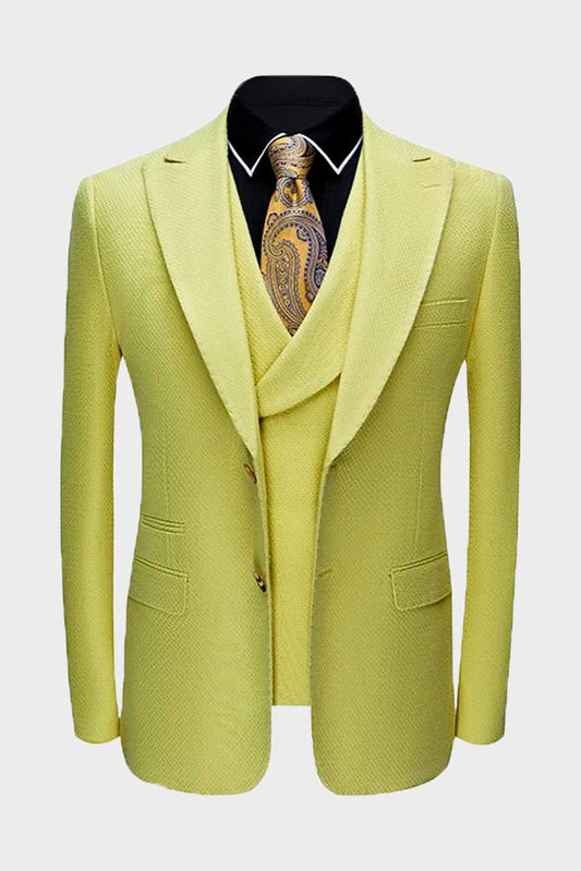 Men's Yellow Peak Lapel Prom 3 Piece Suit