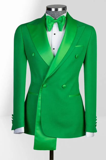 Green Peaked Lapel Double Breasted 2-pieces Suits with Long Hem