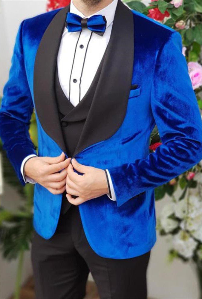 Classic Royal Blue Velvet Men's Suits for Prom Three Pieces Suit for Party