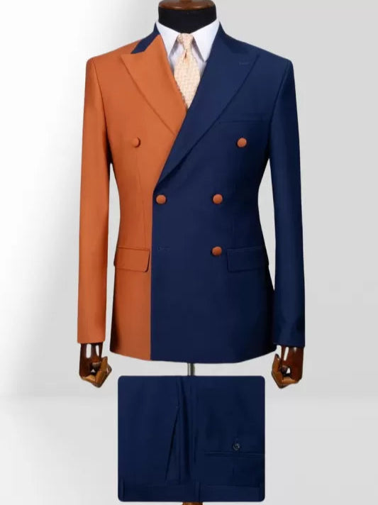 2 Piece Double Breasted Peak Lapel Men Suits Orange/Blue