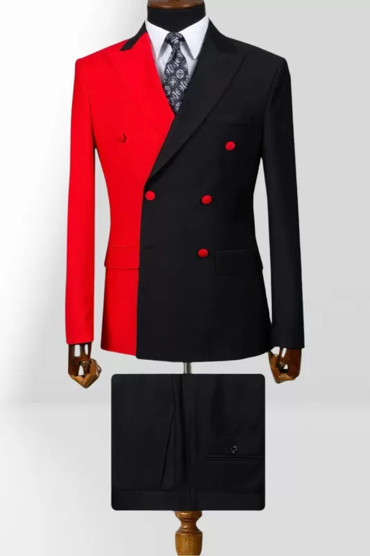 Red Black 2 Piece Double Breasted Peak Lapel Men Suit