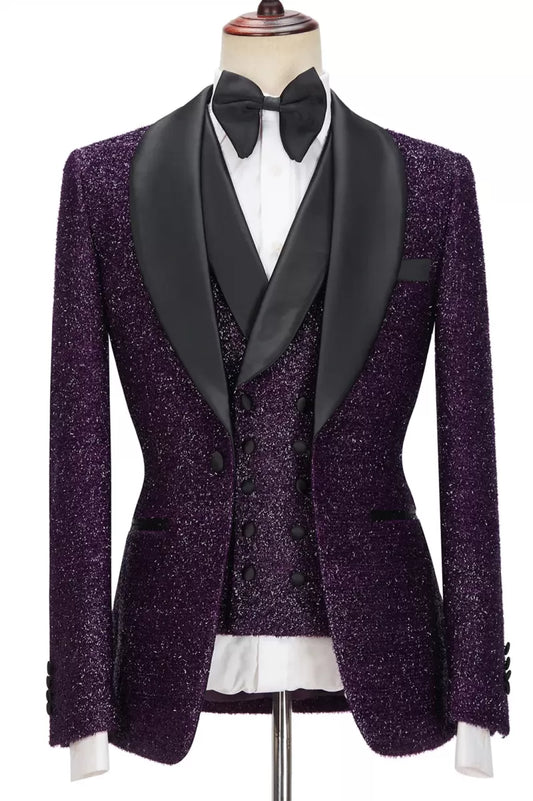Bespoke Dark Purple Sparkle Shawl Lapel 3 Pieces Men Suits