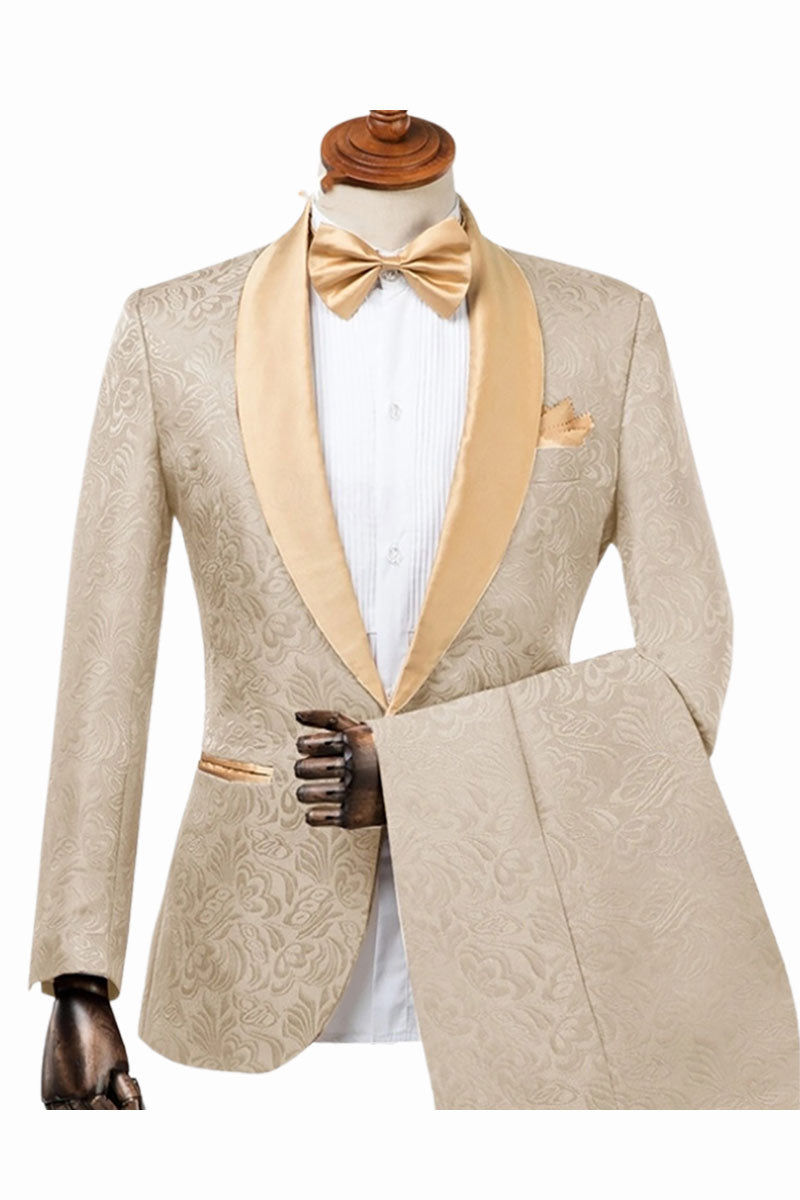 2 Piece Single Breasted Shawl Lapel Beige Suit