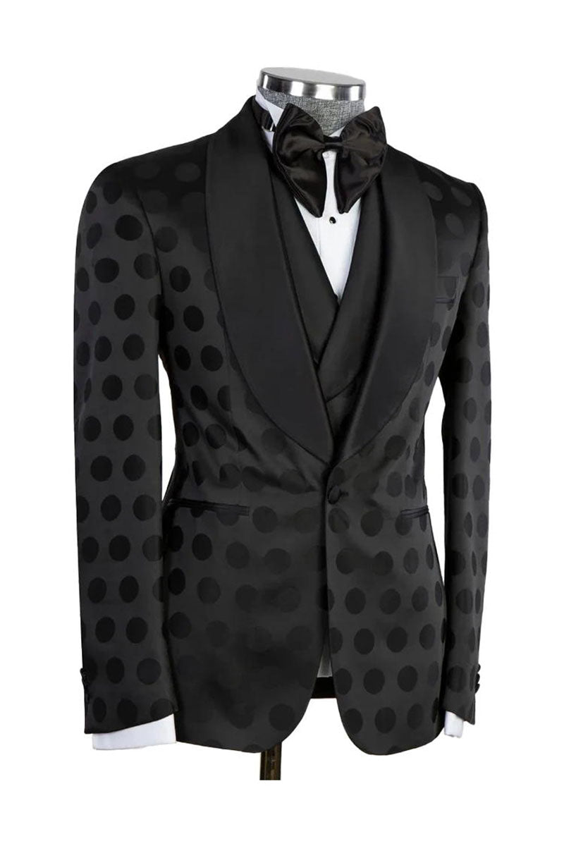 Black Dot Pattern Slim Fit Shawl Lapel 3 Piece Suit
